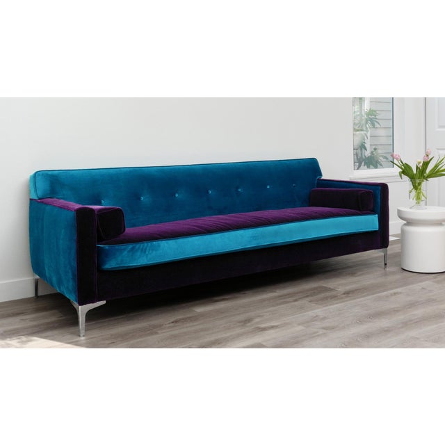 Custom Reimagined 88" Mid-Century Modern Style Two-Tone Teal Velvet and Dark Purple Mohair Sofa For Sale - Image 4 of 7