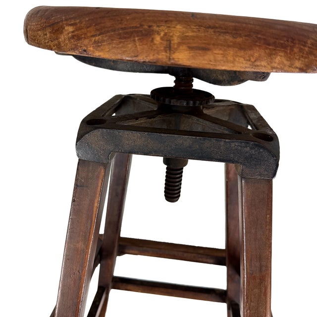 Antique 1910s 30" Tall Industrial Architect's Draftsman Stool - Adjustable Wood & Cast Iron Swivel Seat For Sale - Image 16 of 18