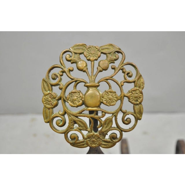 Art Nouveau Antique French Art Nouveau Hand Hammered Wrought Iron & Bronze Andirons - A Pair For Sale - Image 3 of 15