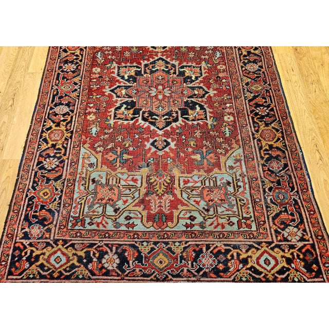 Antique Persian Heriz Serapi Rug, Hand-Knotted Wool, Geometric Pattern, Brick-Red & Blue, 5x7 For Sale - Image 13 of 18