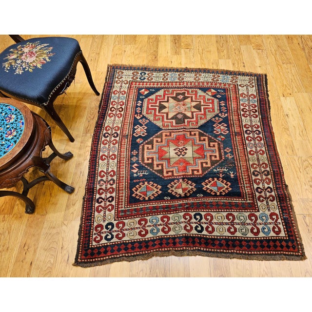 Antique Caucasian Kazak Area Rug, Hand-Knotted Wool, Geometric Medallion Pattern, 5x5 For Sale - Image 9 of 18