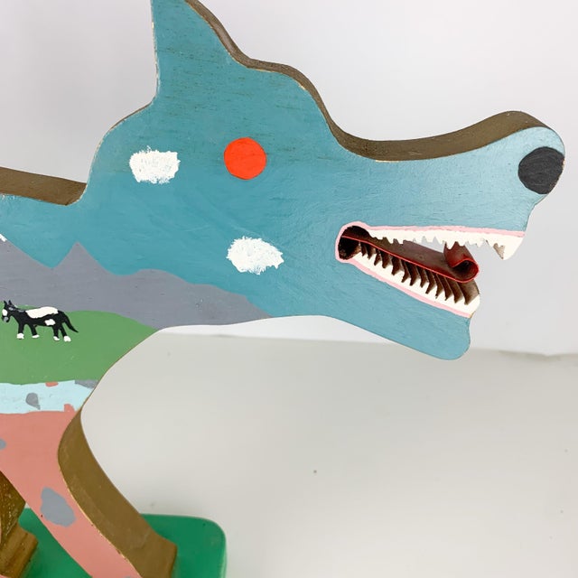 Vintage Folk Art Carved Painted Wood Wolf Outter Space Native American Outsider For Sale - Image 9 of 11