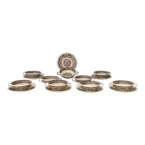1940s Mason’s Vista Pattern Double Handled Soup Bowls With Saucers- 16 Pieces