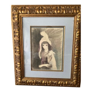 Marie Laurencin Female French Artist Fille Avec Chat Signed Marie Laurencin' (Lower Right) Charcoal Wash and Crayon on Paper Laid Down to Board For Sale