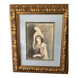Marie Laurencin Female French Artist Fille Avec Chat Signed Marie Laurencin' (Lower Right) Charcoal Wash and Crayon on Paper Laid Down to Board