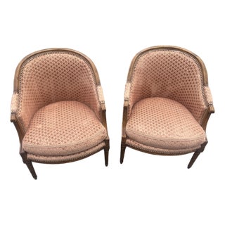 Pair Vintage Michael Taylor Designs French Louis XVI Style Barrel Back Armchairs For Sale