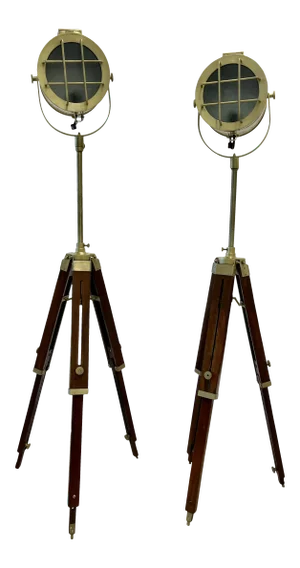 Pair of Industrial Style Search Lights, Mahogany Tri-Pod Base