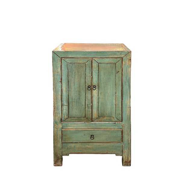 1980s Distressed Light Teal Color Slim End Table Nightstand Cabinet For Sale - Image 5 of 7