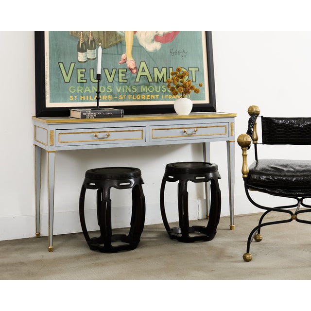 Handsome matching pair of Chinese export carved hardwood garden stools or drinks tables having a round tabouret or drum...