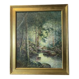 Mid 20th Century Arts & Crafts Style Watercolor Painting of Forest & Stream Landscape Signed, Framed For Sale