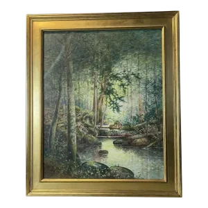 Mid 20th Century Arts & Crafts Style Watercolor Painting of Forest & Stream Landscape Signed, Framed