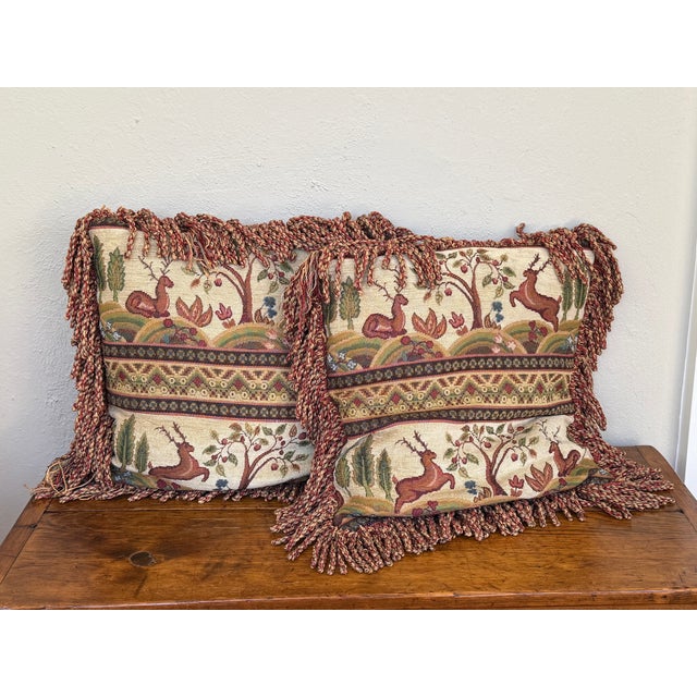 Gothic Late 20th Century Tapestry Stag Pillows With Bullion Fringe, a Pair For Sale - Image 3 of 6