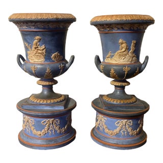 Antique 19th Century Terracotta Neoclassical Urns in the Jasperware Manner - a Pair For Sale