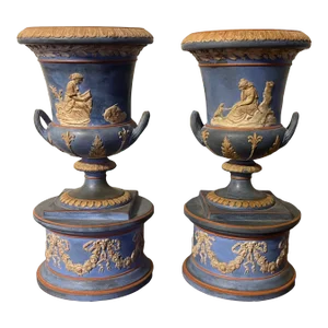 Antique 19th Century Terracotta Neoclassical Urns in the Jasperware Manner - a Pair