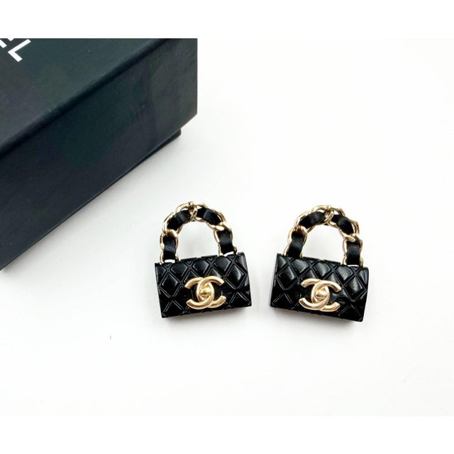 Contemporary Chanel Gold CC Black Quilted Bag Piercing Earrings, A Pair For Sale - Image 3 of 4