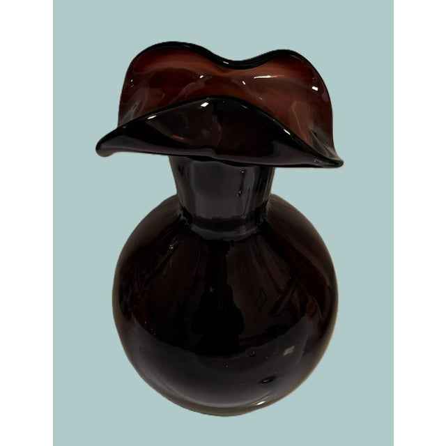 Mid 20th Century Hand‑Blown Amethyst Art Glass Vase With Ruffled Rim For Sale - Image 5 of 8