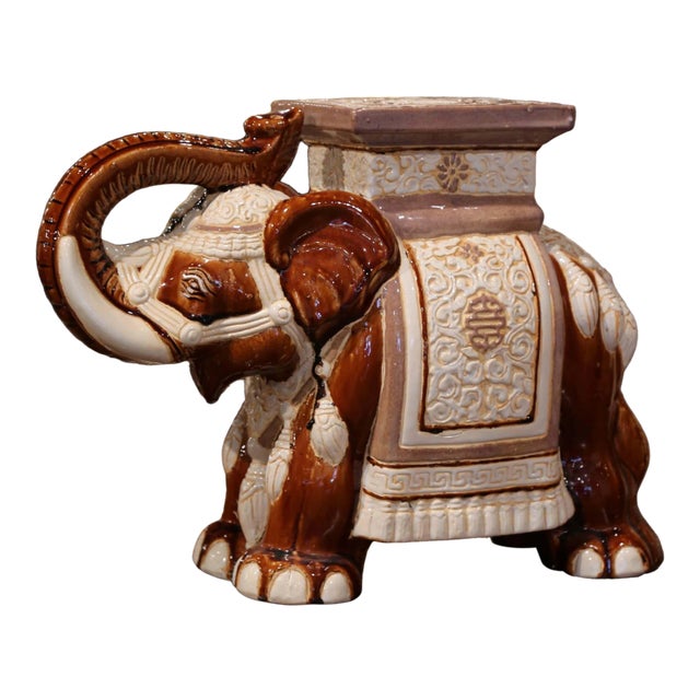 Mid-Century French Hand Painted Faience Elephant Garden Seat or Side Table For Sale