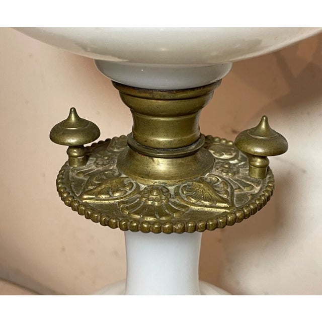 Antique 1800's Ornate Victorian Apollon Brass Milk Glass Electrified Oil Lamp For Sale - Image 11 of 13