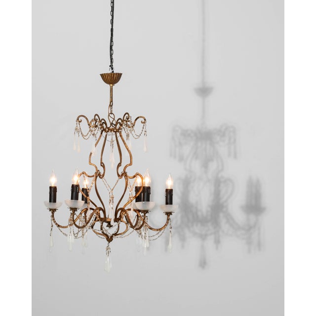 20th Century Italian Rococo Revival Gilt Metal Chandelier With Glass Drops For Sale - Image 4 of 18