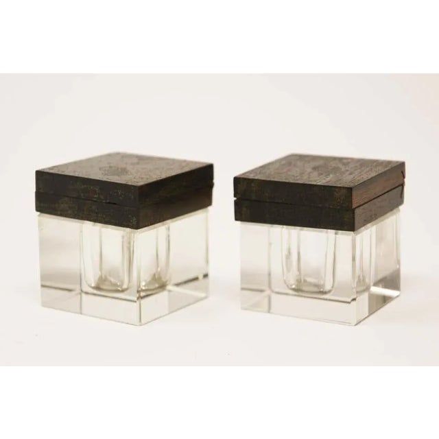 Art Deco Inkwells in Macassar Wood and Crystal, Jacques Adnet Style For Sale In Palm Springs - Image 6 of 13