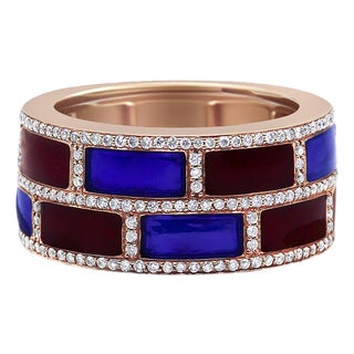 18K Rose Gold Alternating Red and Blue Enamel and 1/2 Cttw Diamond Studded Band Ring (F-G Color, VS1-VS2 Clarity) - Ring Size 7 For Sale