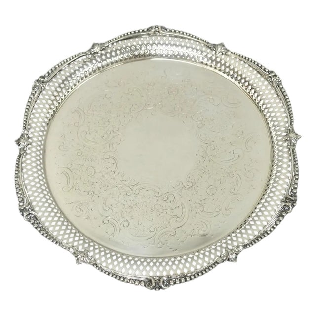 Vintage Barker Ellis English Edwardian Silver Plated Pierced Round Platter Tray For Sale