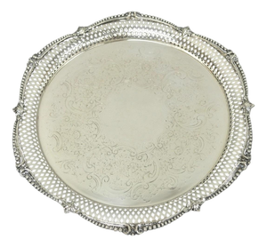 Vintage Barker Ellis English Edwardian Silver Plated Pierced Round Platter Tray