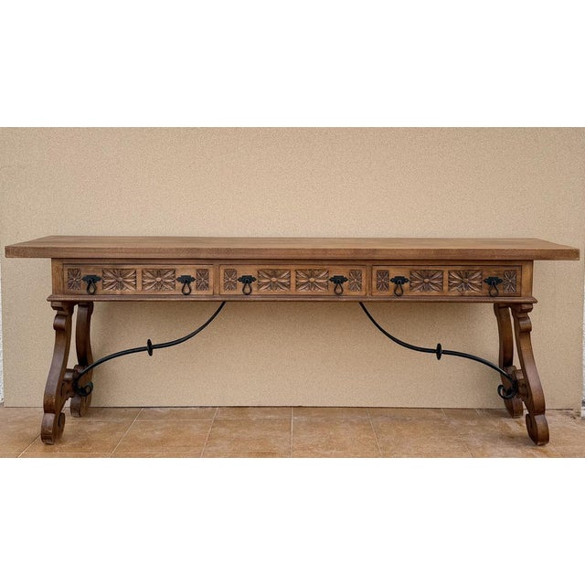 20th Century Spanish Rustic Carved Wood Console Table , 1965 For Sale - Image 6 of 12