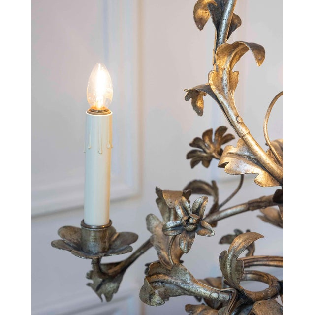 Pair Of Italian Candelabra 20th Century Silver-leaf Wrought Iron Foliate Lamps For Sale - Image 9 of 15