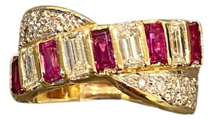 18k Gold Ruby and Diamond Crossover Ring, Size 6.5