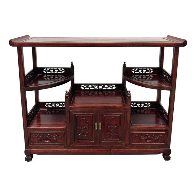 Vintage Chinese Intricate Carved Hardwood Curio Cabinet, Display Shelve For Sale