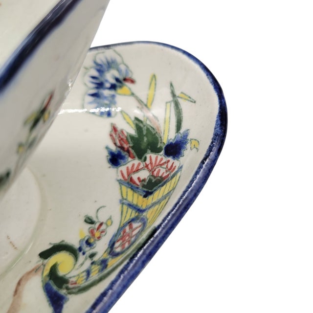 19th Century Faience De Gien French Hand Painted Earthenware Sauce Boat With Attached Underplate and Additional Oval Plate For Sale - Image 10 of 12