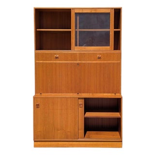 Mid-Century Teak Bookcase With Drop-Front Desk and Lighting, Mid-Century Modern For Sale