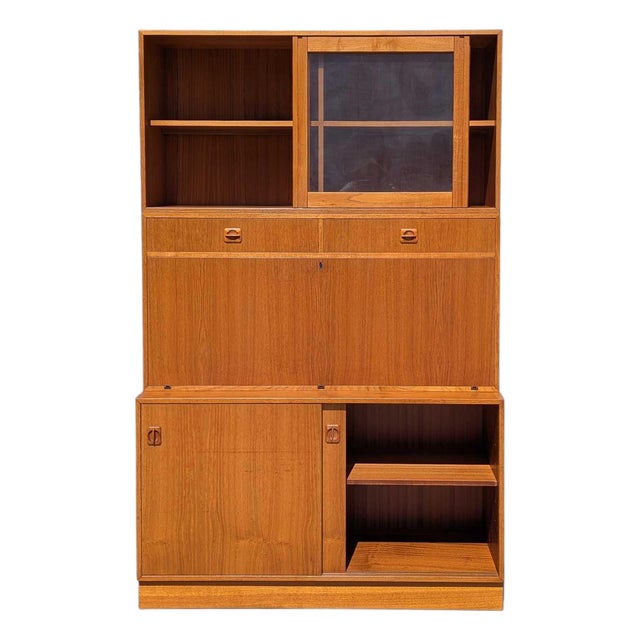 Mid-Century Teak Bookcase With Drop-Front Desk and Lighting, Mid-Century Modern For Sale