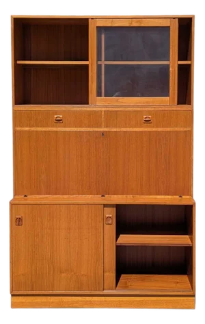 Mid-Century Teak Bookcase With Drop-Front Desk and Lighting, Mid-Century Modern