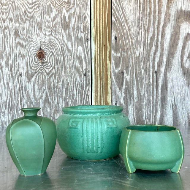 Vintage Trio of Matte Glazed Ceramic Vases For Sale - Image 4 of 4