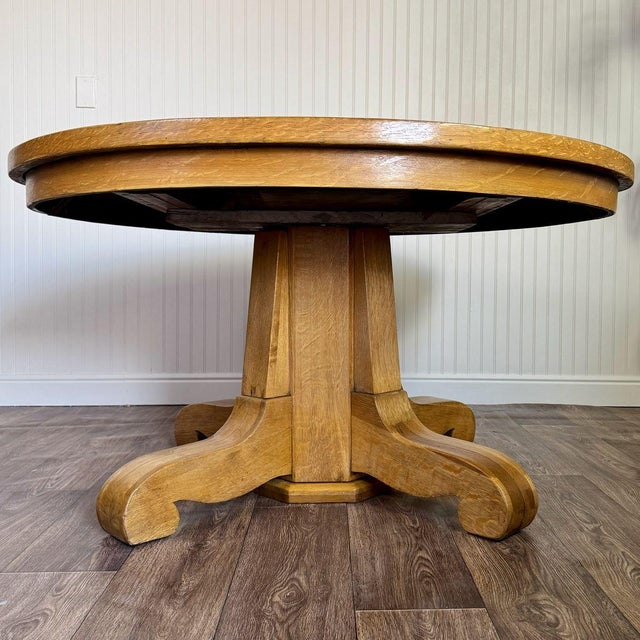 Vintage Tiger Oak Round Pedestal Dining Table For Sale - Image 10 of 15