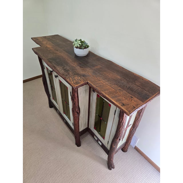 Diane Ross Signed Rustic Breakfront Credenza-Reclaimed Oak & Fused Glass Art For Sale - Image 10 of 18