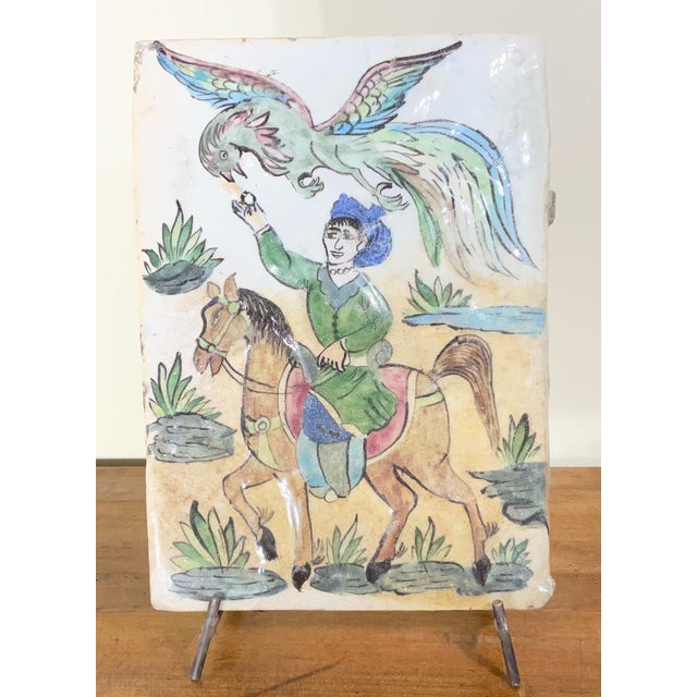Rustic Exquisite Vintage Persian Qajar Style Ceramic Tile: Prince on Horseback For Sale - Image 3 of 16