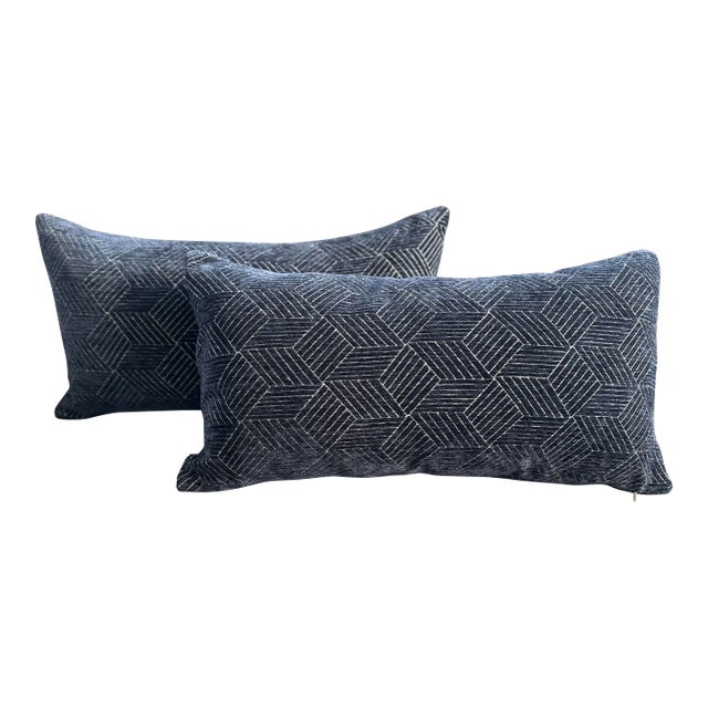 Navy Geometric Print Decorative Pillows - Pair For Sale