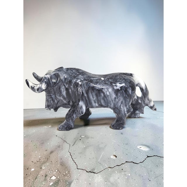 African Vintage Hand Carved Marble Bull Sculpture | Black & White Stone Bull Figurine | Ranch Western Decor | Onyx Animal Statue For Sale - Image 3 of 9