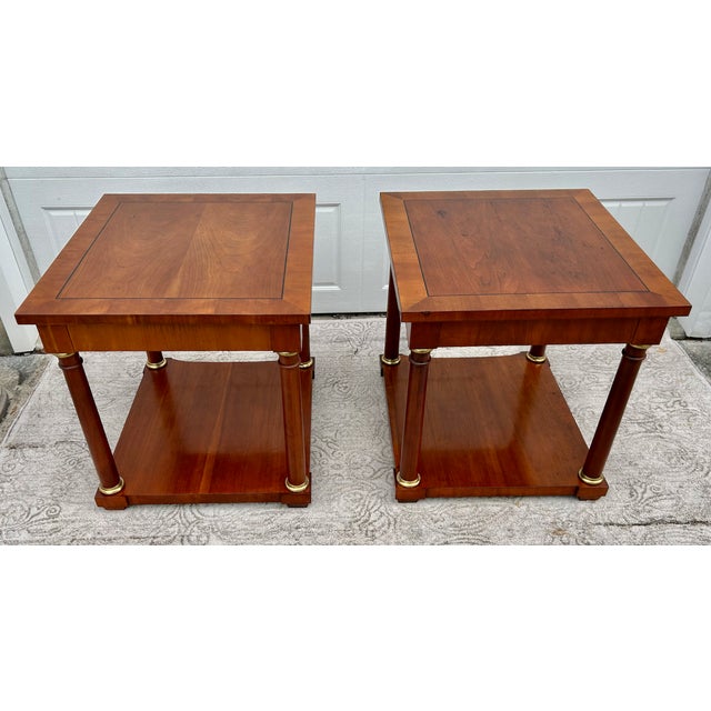 Vtg. Baker Pair of Regency Style Cherry Side Tables W/Inlay & Brass Trim For Sale - Image 16 of 16
