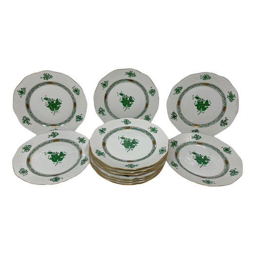 Chinese Bouquet Apponyi Green Dinner Plates from Herend, 1980s, Set of 12 For Sale