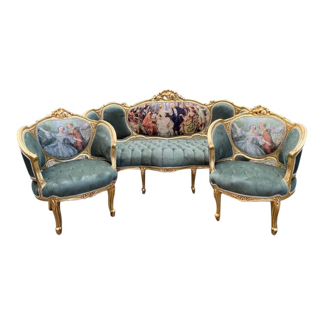 1950's Louis XVI Living Room Set Green Velvet - 3 Pieces For Sale