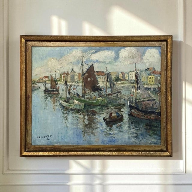 Painted in 1936, this antique oil on canvas by celebrated Belgian artist René Clarot captures the activity and atmosphere...