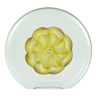 Artist Signed Vintage Opalescent Golden Yellow Double Floral Design Studio Art Glass Paperweight For Sale