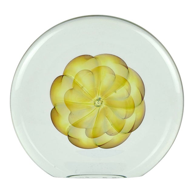 Artist Signed Vintage Opalescent Golden Yellow Double Floral Design Studio Art Glass Paperweight For Sale