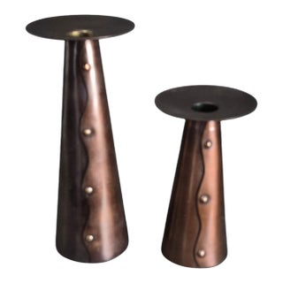 Late 20th Century Arts & Crafts Style Pair of Copper Finish Metal Candle Sticks For Sale