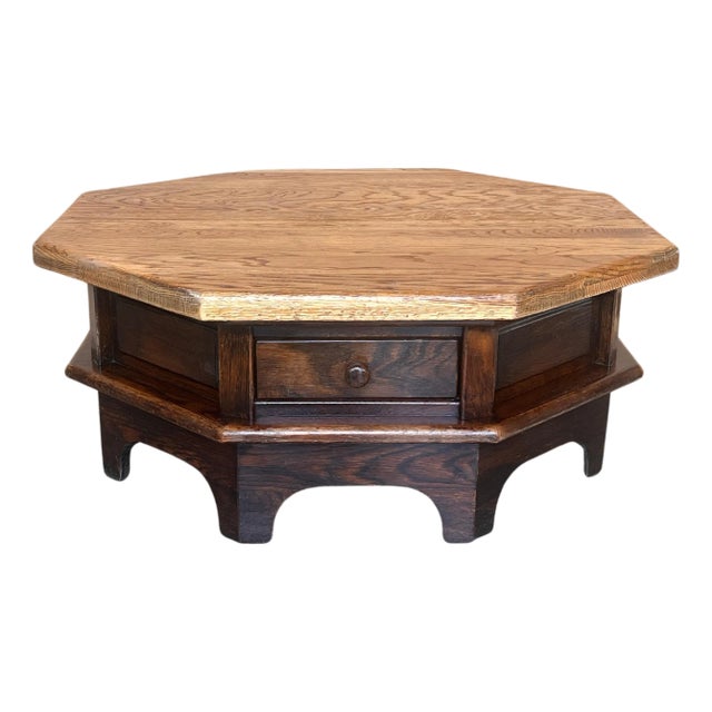 Early 20th Century Spanish Fir and Walnut Octogonal Table Special Design Restored Wax Polished For Sale