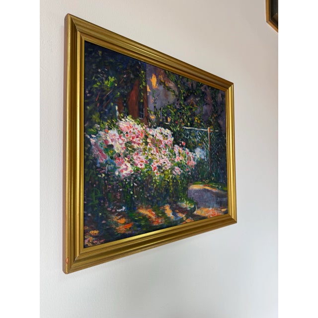 A vibrant and atmospheric vintage oil painting by D. Osorio, dated 1982, depicts Garden House Entrance. This expressive...